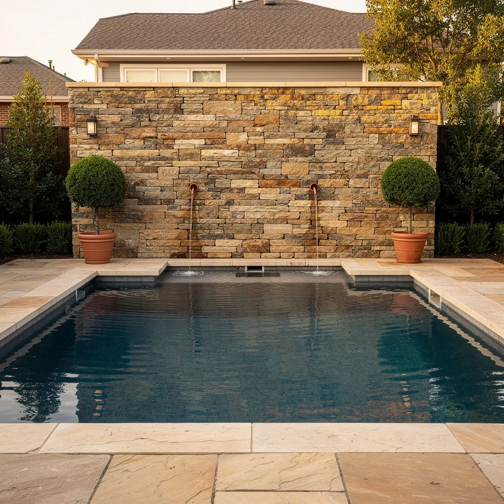 The Dark Pool with a Stacked Stone Feature Wall, Copper Spouts, and Terracotta Topiary