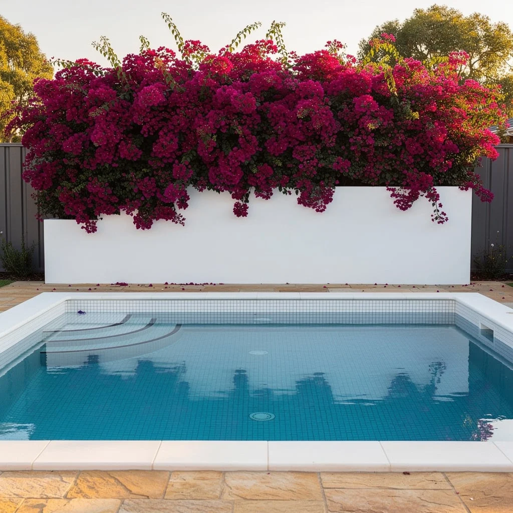 The White Rendered Pool Wall with Bougainvillea Cascading Over the Top