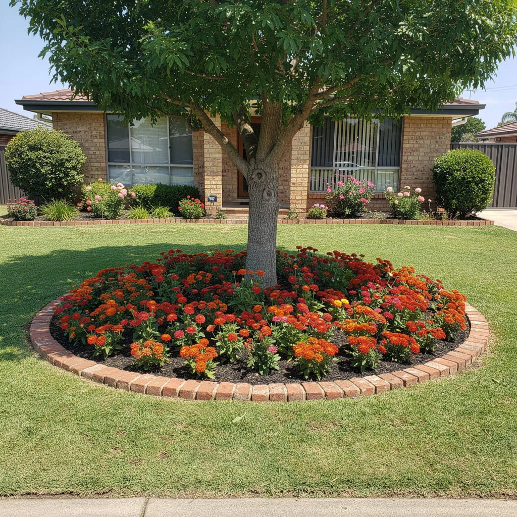 The Deciduous Tree with a Dense Zinnia and Marigold Carpet in Warm Red and Orange