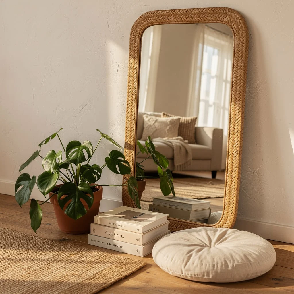 Floor Mirror with Rattan Frame