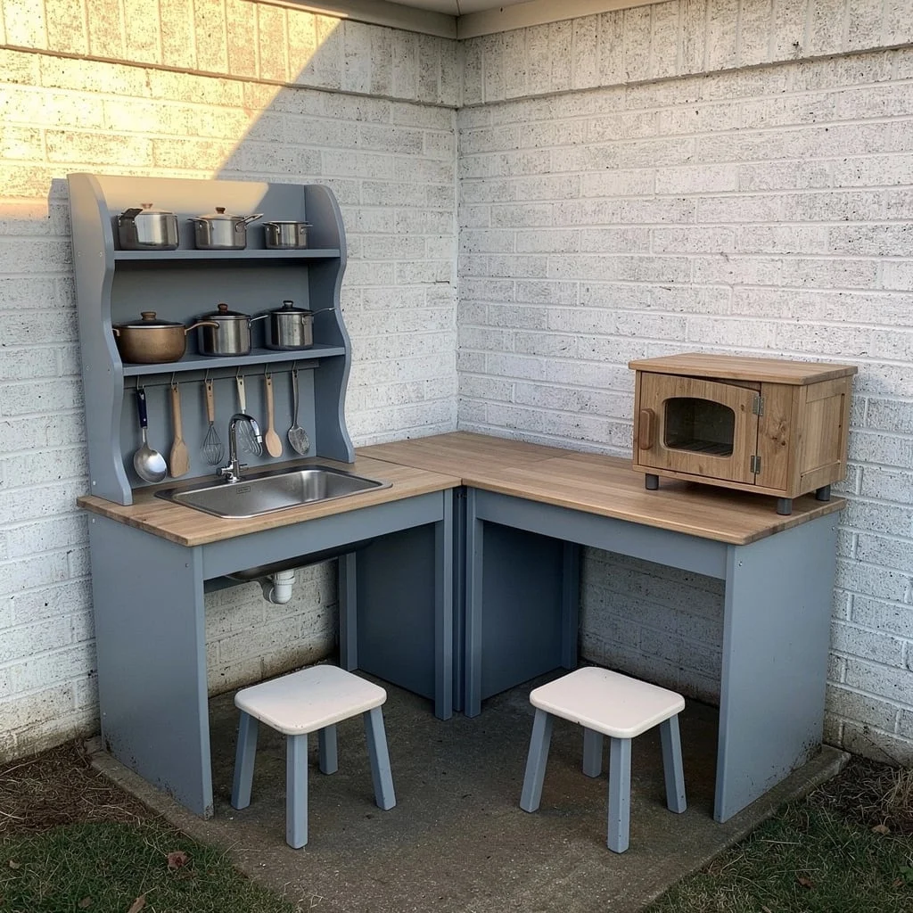 Grey L-Shape With Wooden Oven