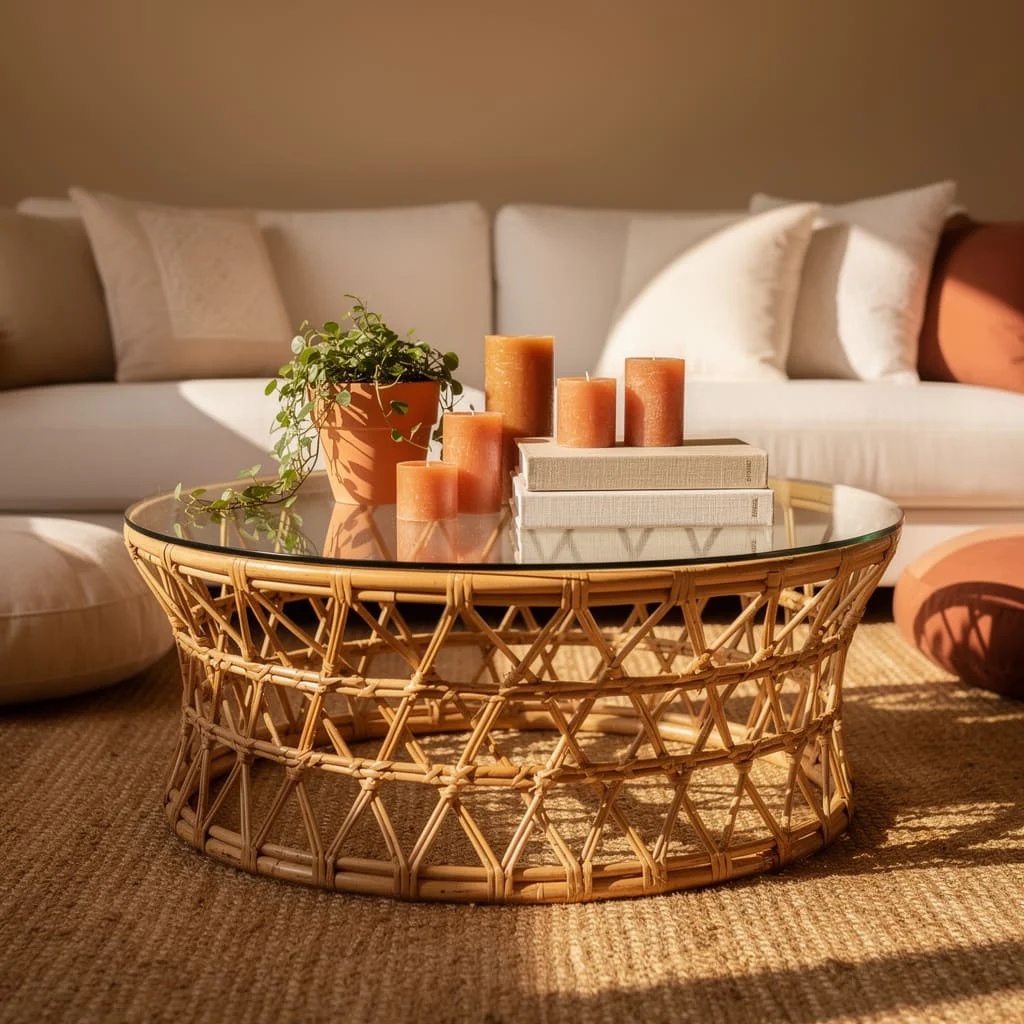 Rattan Coffee Table, Glass Top