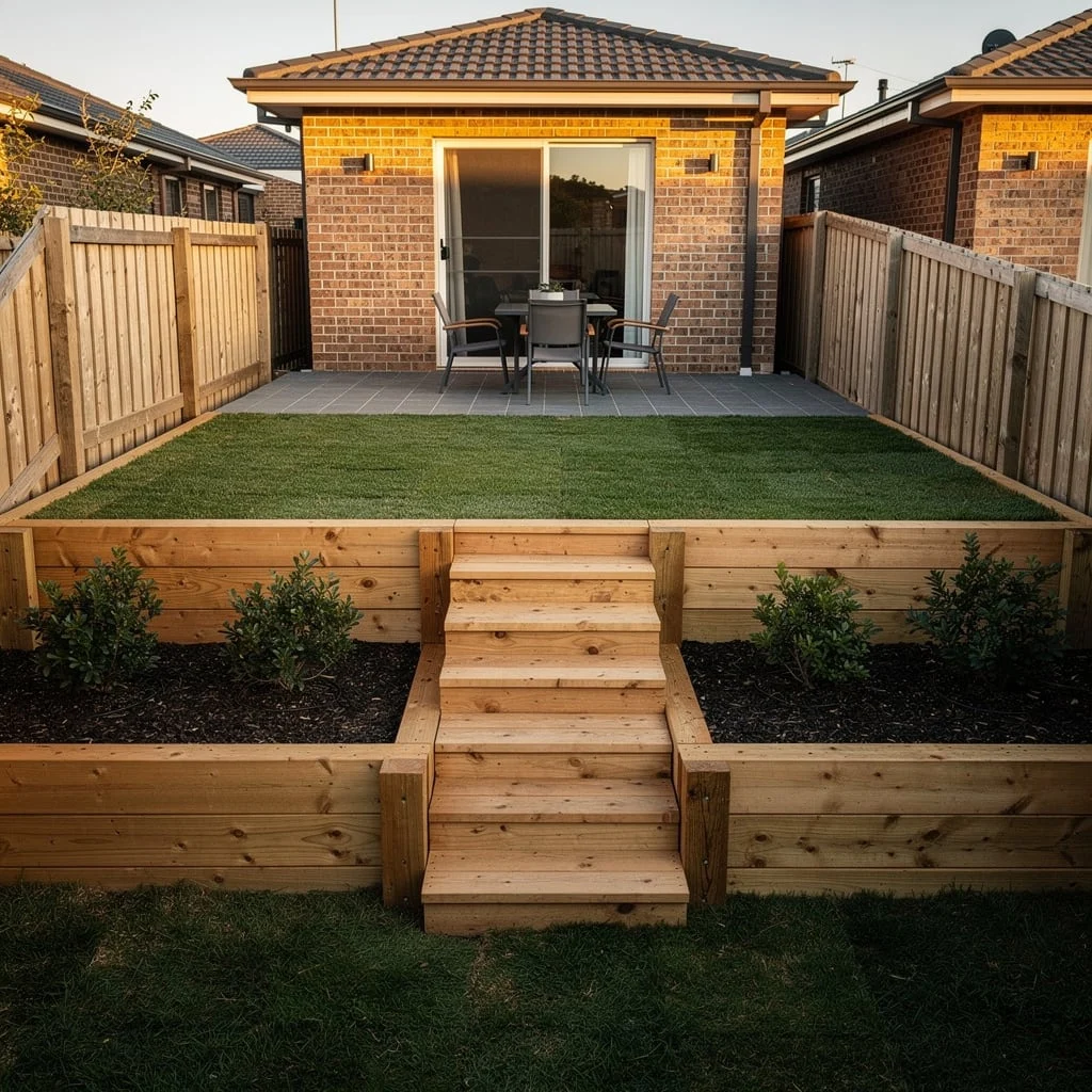 The Timber Sleeper Two-Level Terrace with Artificial Turf and a Paved Upper Patio