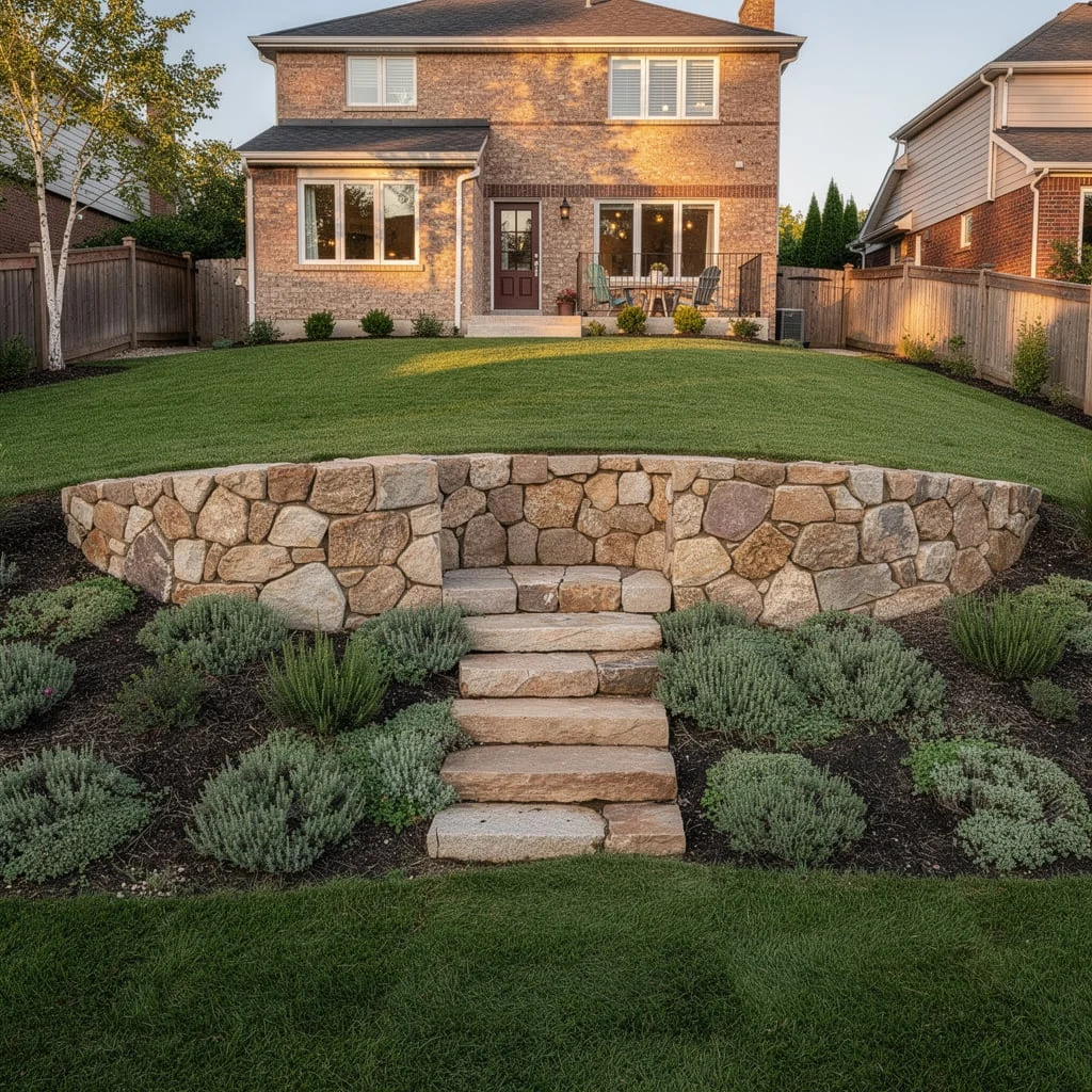 The Curved Sandstone Retaining Wall with Stone Steps and Rosemary Planting