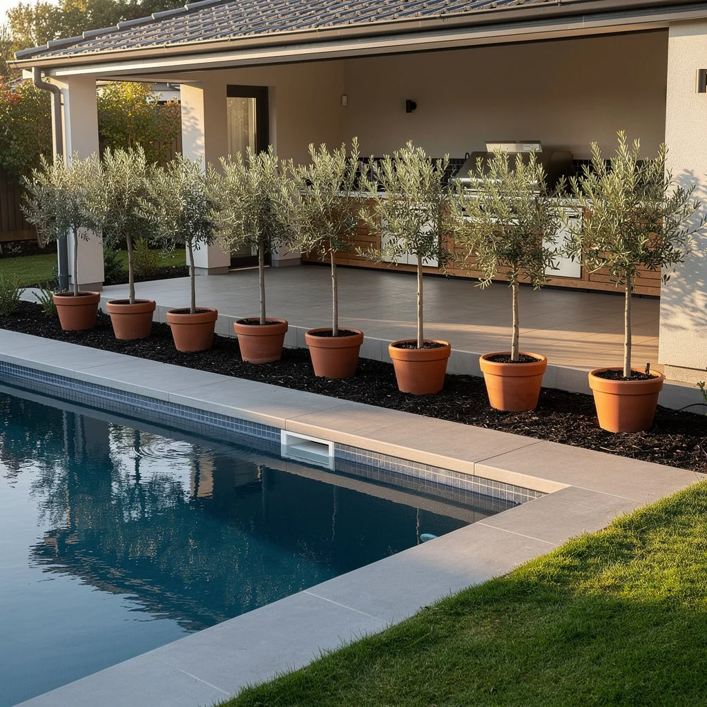 The Pool Terrace with a Row of Olive Standards in Terracotta Pots