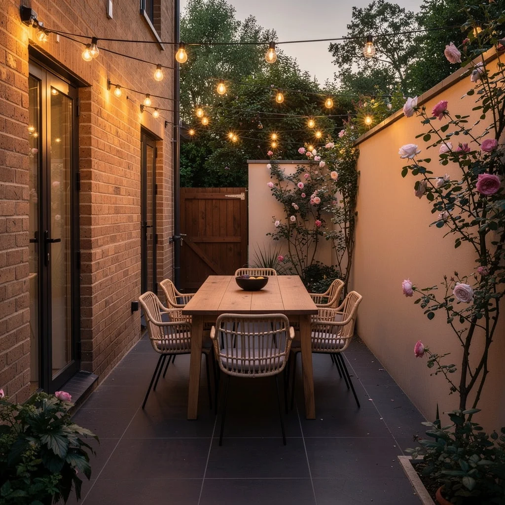 The Festoon-Lit Narrow Dining Terrace That Defeats All Logic