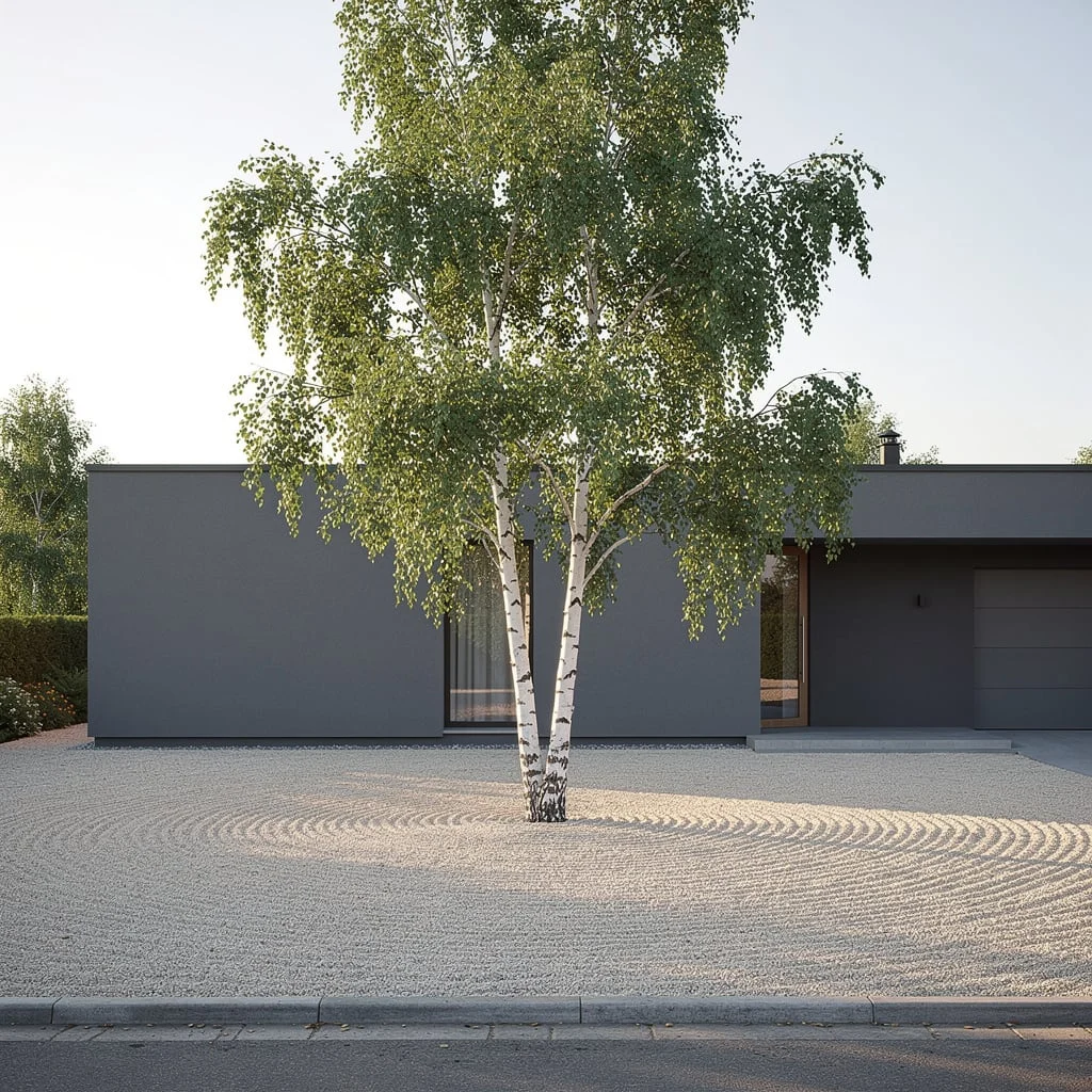 The White Birch in Raked Gravel Against a Grey Rendered Box House
