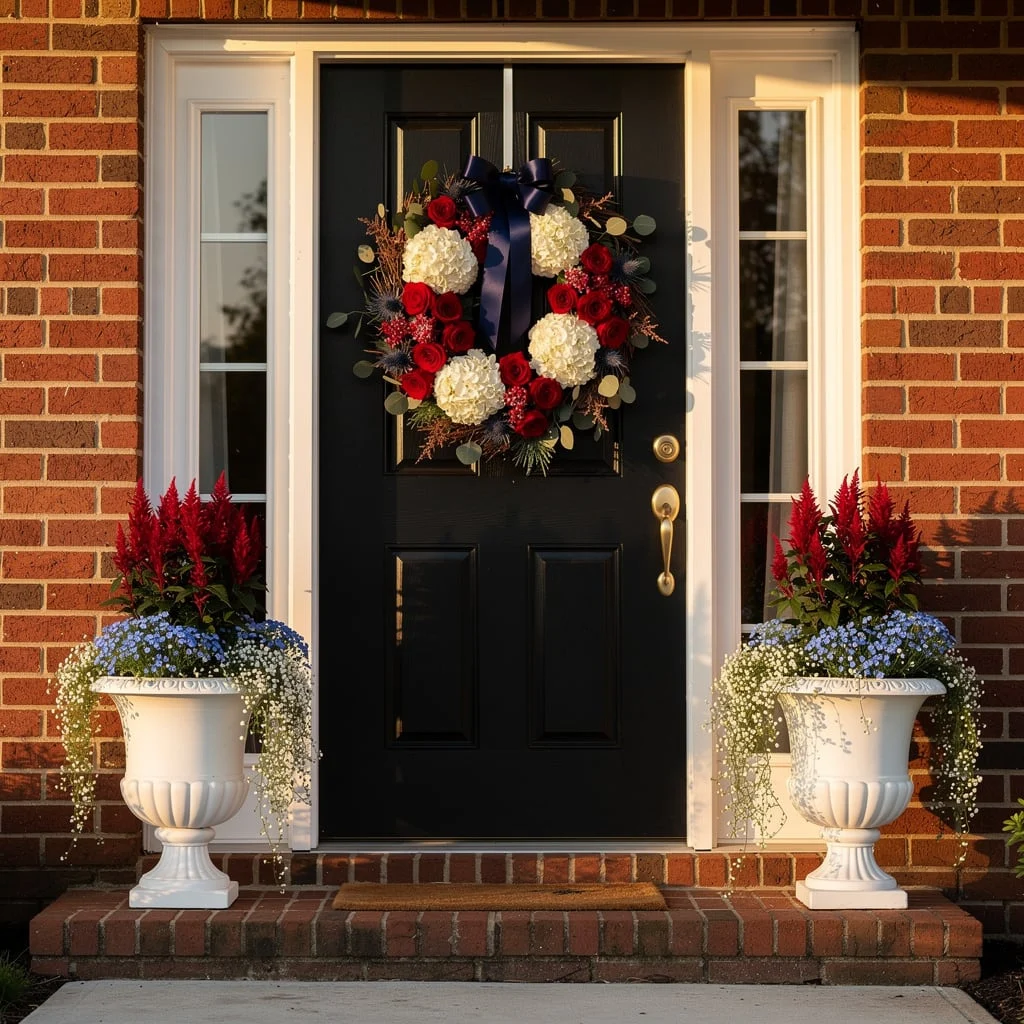 Hydrangea Wreath with Navy Bow on Black Door