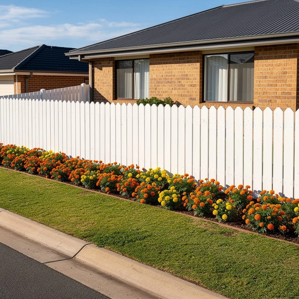 The White Picket Fence with a Dense Marigold Bed Along the Base
