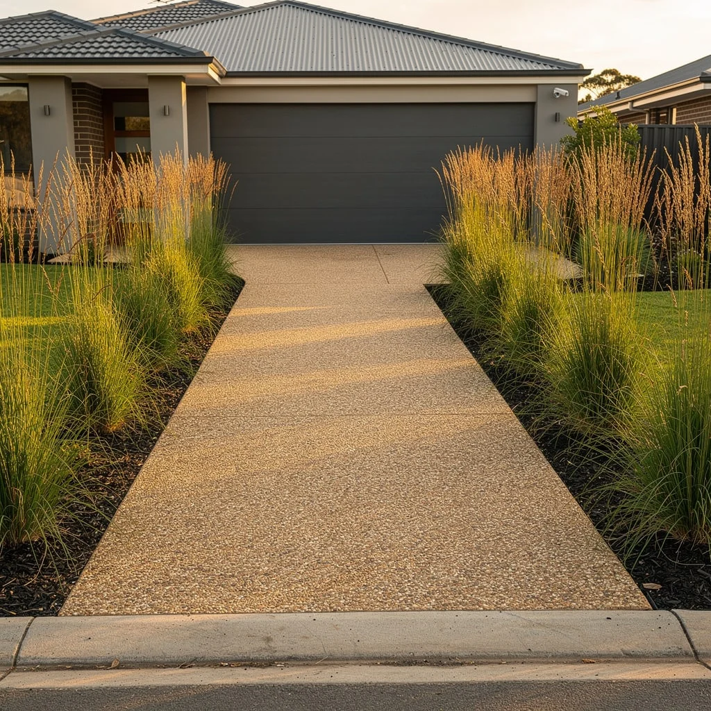 The Exposed Aggregate Driveway With Tall Grass Borders and Black Mulch