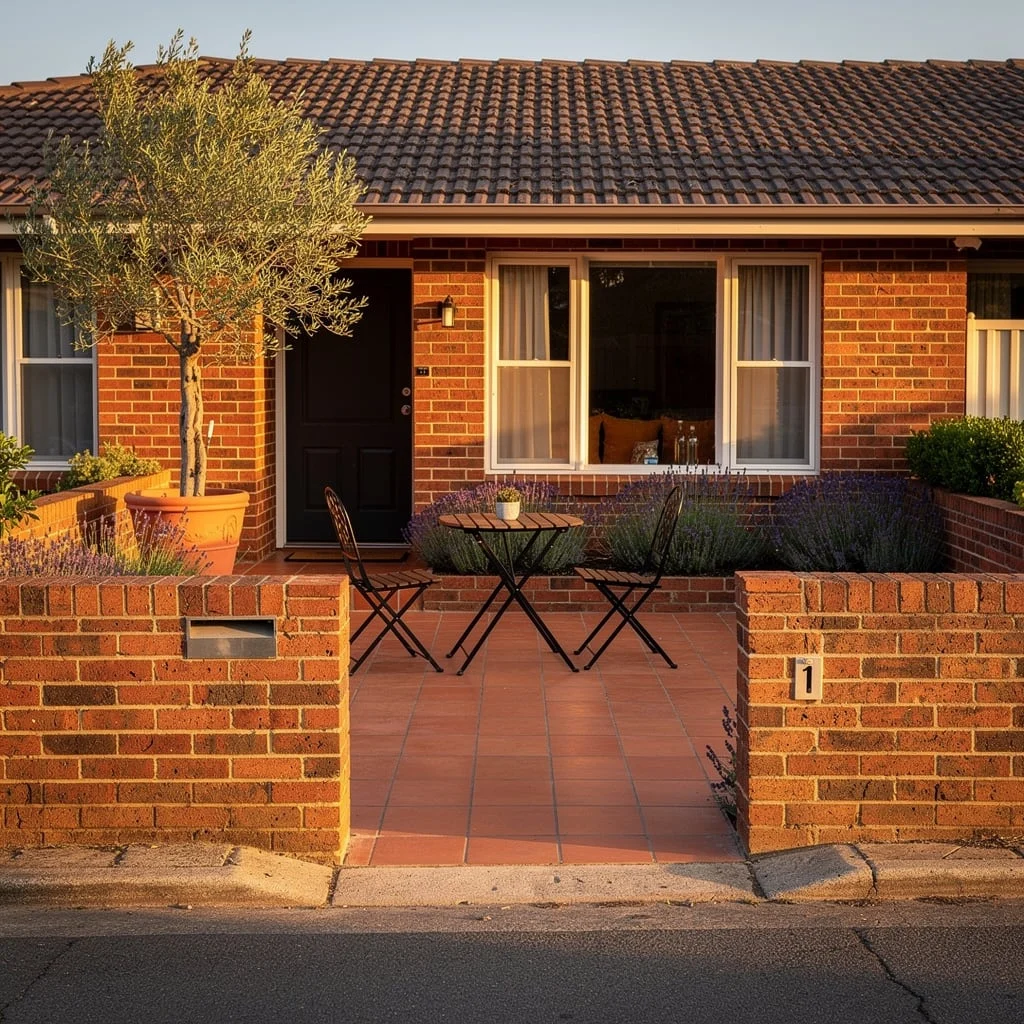 The Mediterranean Terracotta Entry With Blue Pots and Bougainvillea