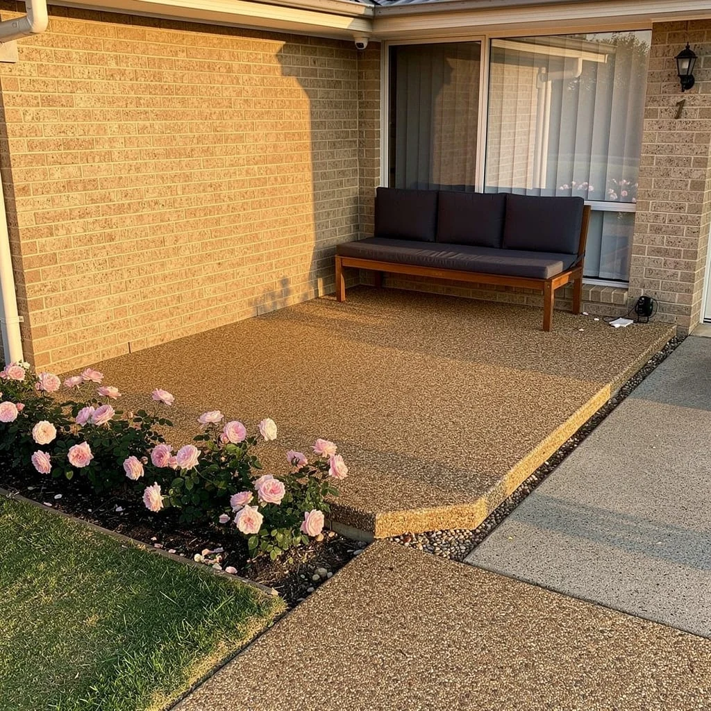 The Exposed Aggregate Front Patio With the Garden Bench