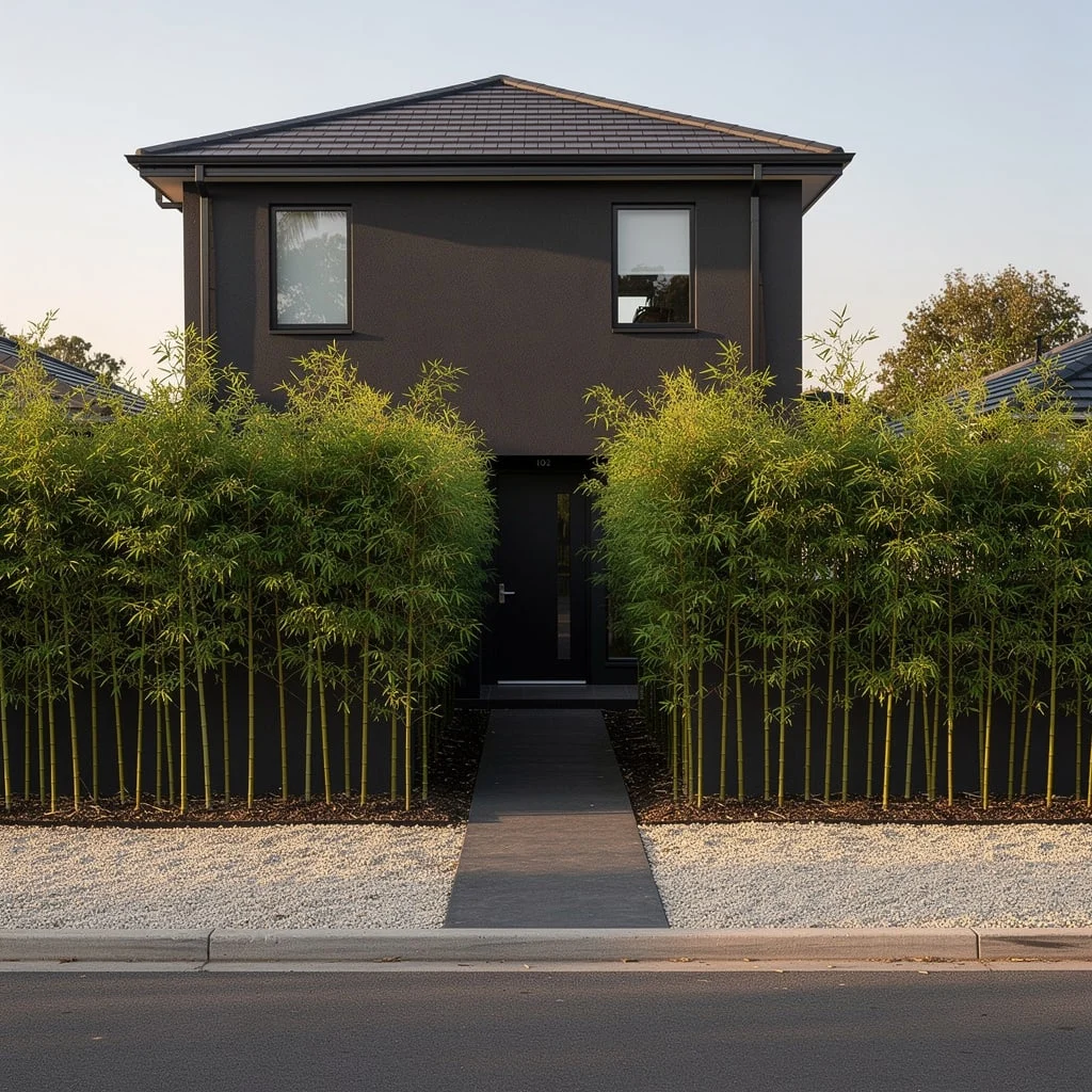 The Dark House with Symmetrical Clumping Bamboo Entry and a Dark Slate Path