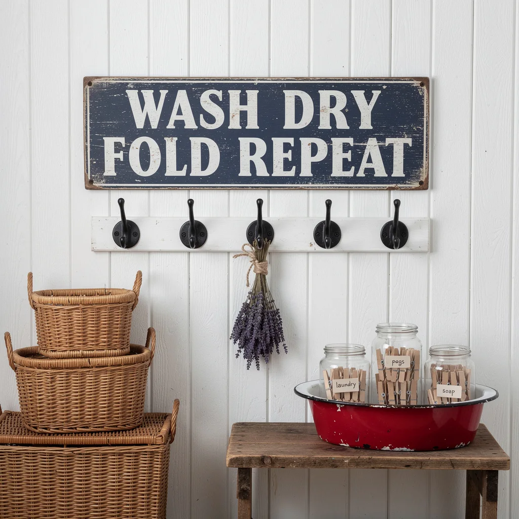 Navy Sign, Laundry Hook Rail, Wicker Baskets