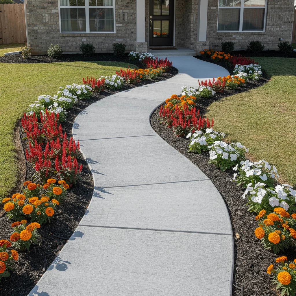 The Curved Concrete Path With Massed Annual Color Beds on Black Mulch That Works Because It Committed