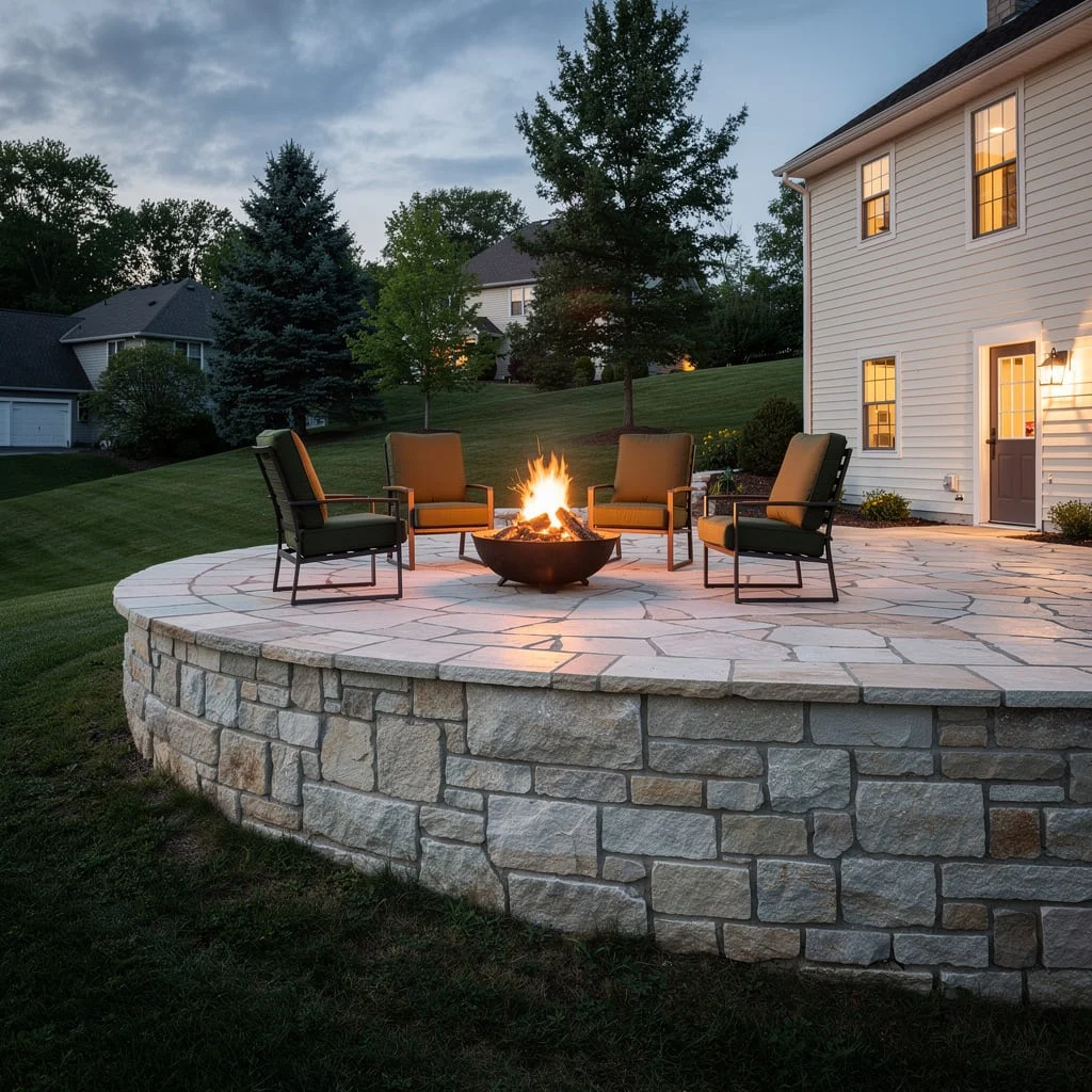 Raised Flagstone Patio With Corten Fire Bowl