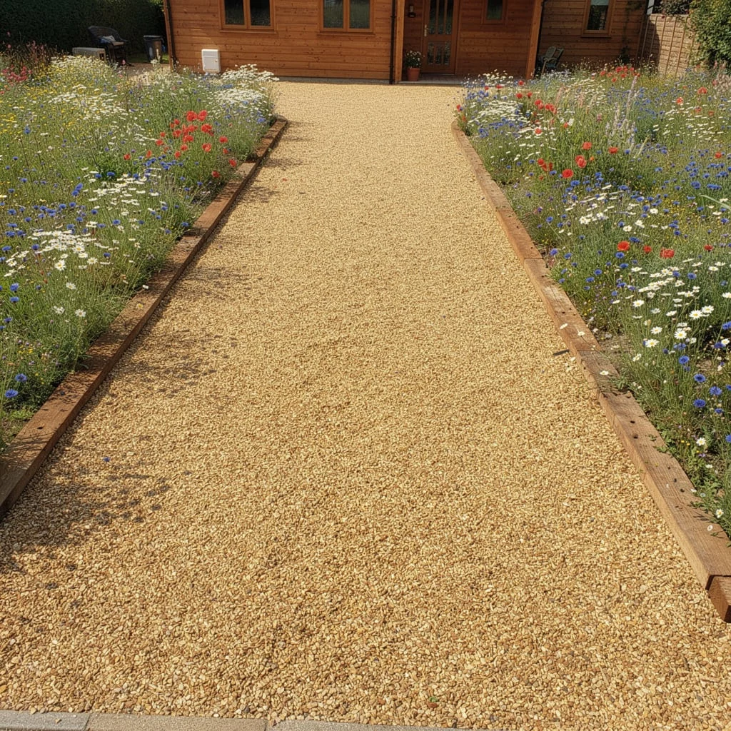 The Honey Gravel Drive With Railway Sleeper Edging and Wildflower Borders