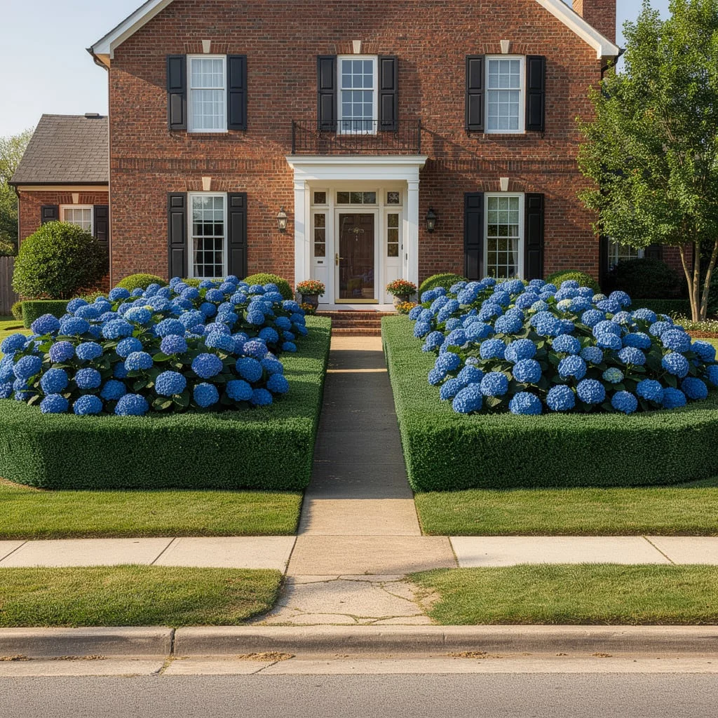 Blue Hydrangea Hedge Beds Against Siding