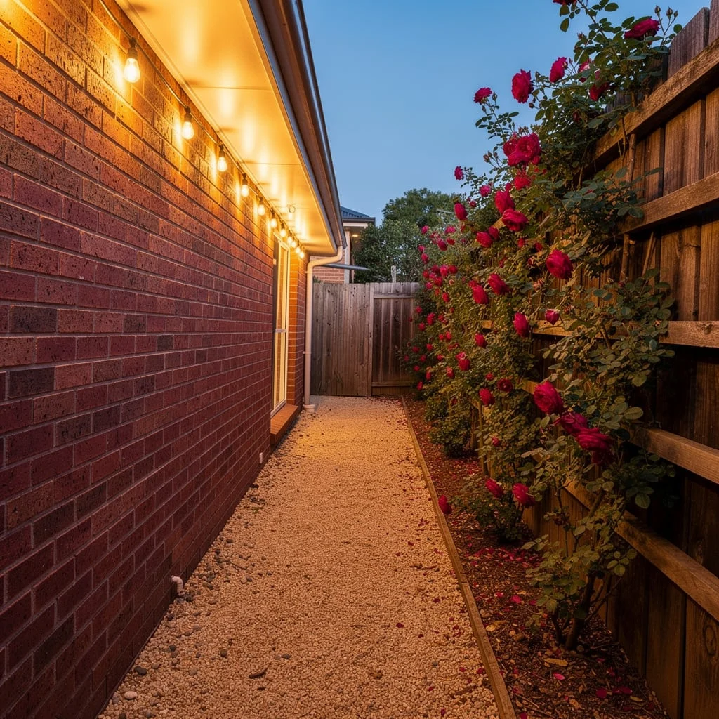String Lights, Climbing Roses, Pea Gravel