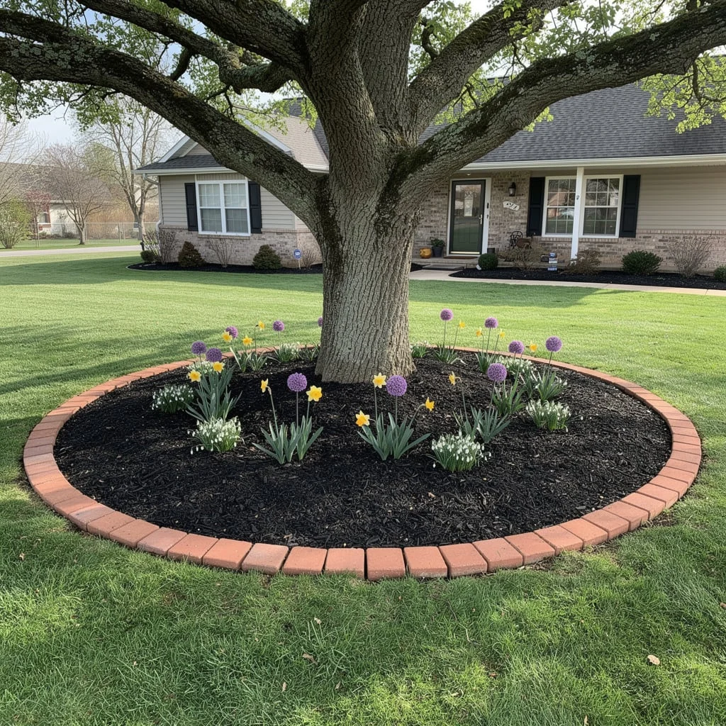 The Spring Bulb Tree Ring with Brick Edging, Allium, Daffodil, and Snowdrops