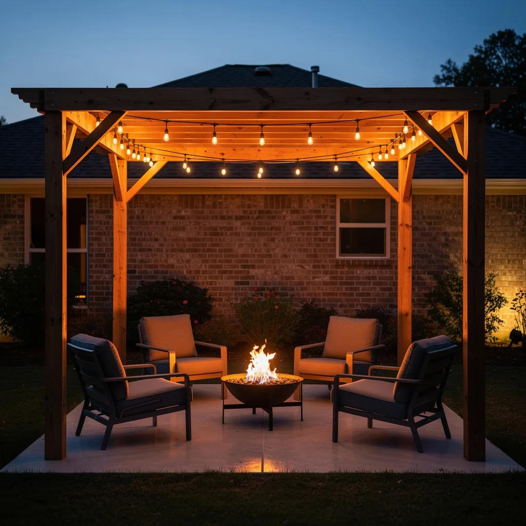 Cedar Pergola With Fire Pit And String Lights