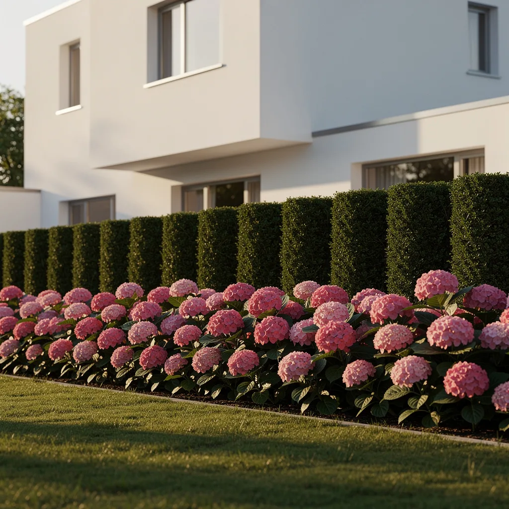 Pink Hydrangeas Against Tall Hedge Columns