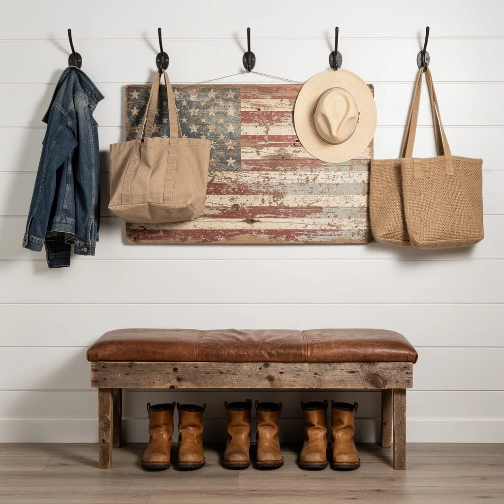 Reclaimed Flag Art, Leather Bench, Boot Row