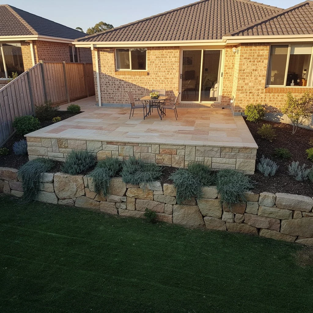 The Natural Sandstone Wall with a Floating Terrace Patio and Lavender Between the Courses