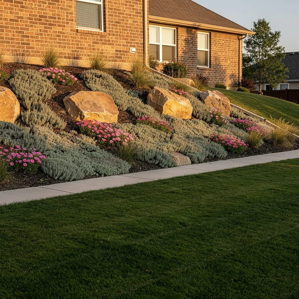 The Rocky Boulder Slope with Silver-Leaf Groundcover and Pink Dianthus