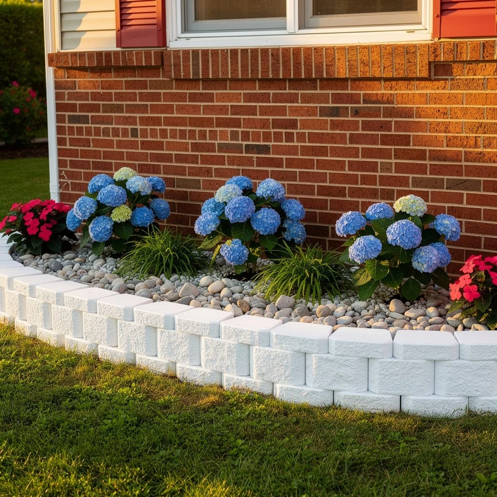 Hydrangeas With White Block Edging and River Pebbles