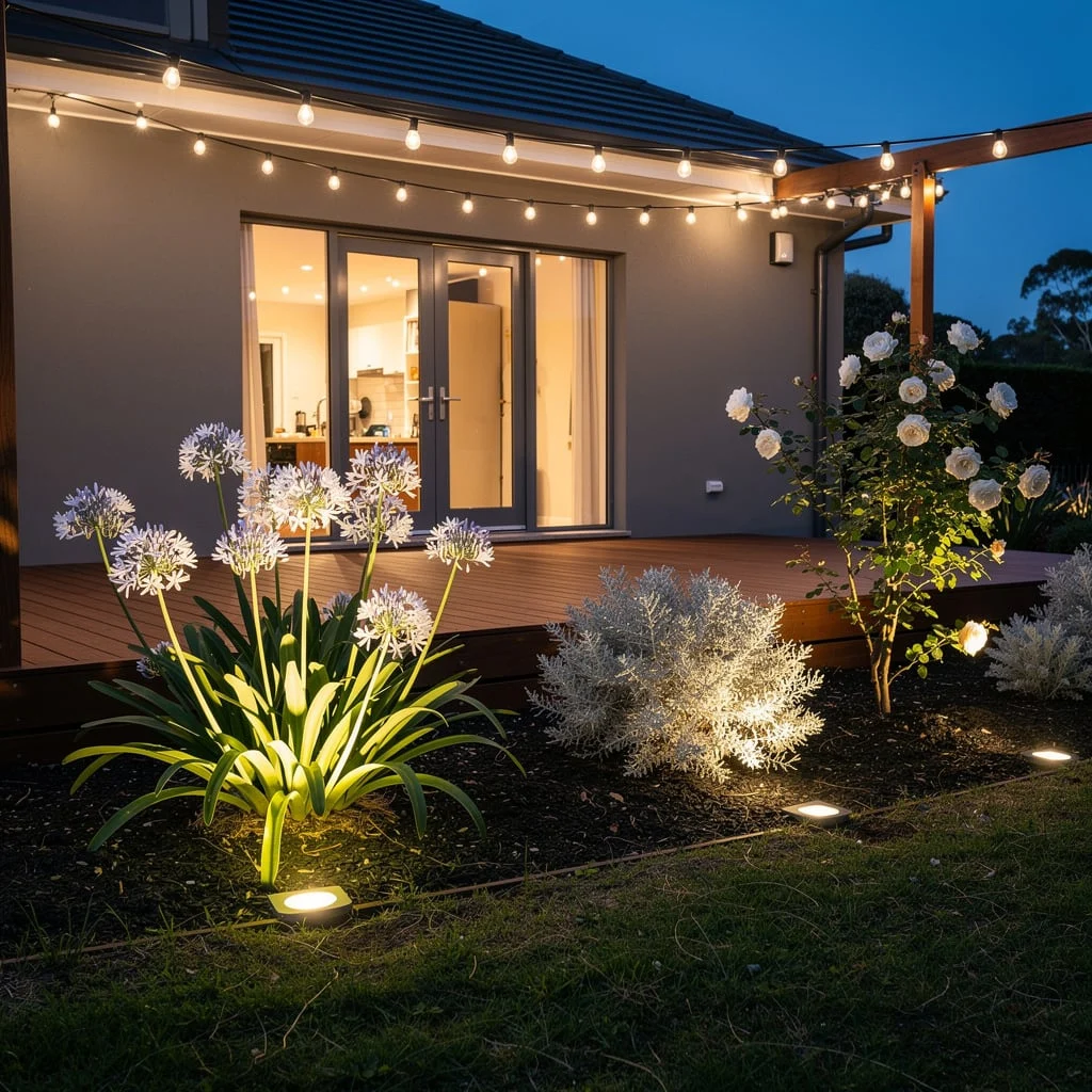 The Evening Garden with In-Ground Uplighting, String Lights, and White Flowering Plants