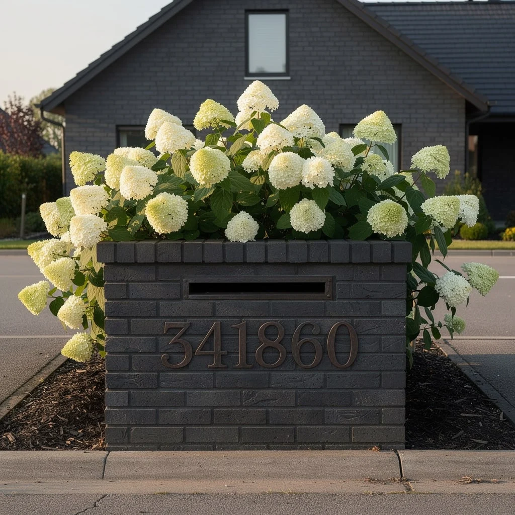 The Dark Brick Column With White Hydrangea Planting