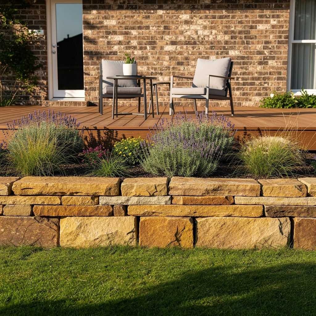 The Sandstone Retaining Wall with Lavender and Ornamental Grass Against a Deck