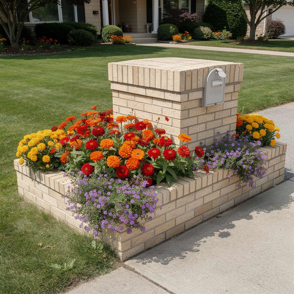 The Cream Brick Column With Zinnia Planting Bed