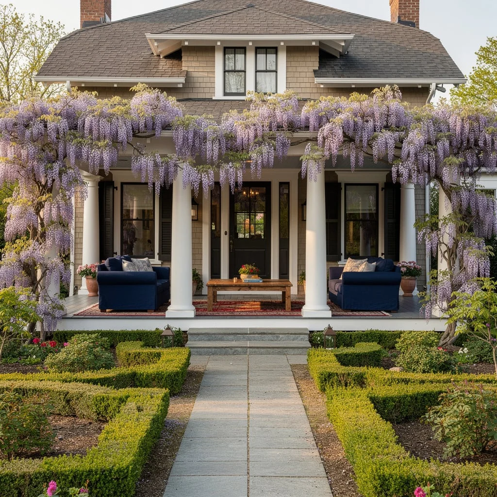 The Wisteria-Covered Porch with Navy Sofas and Parterre
