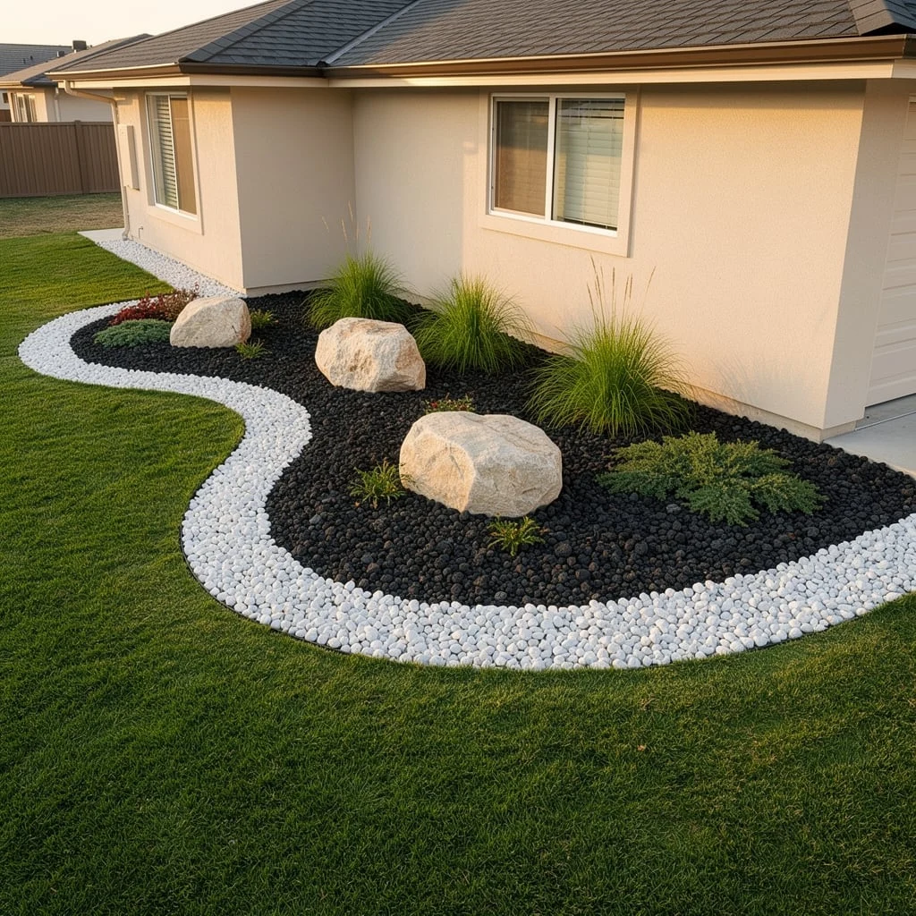 Black Lava With White Pebble Border and Boulders
