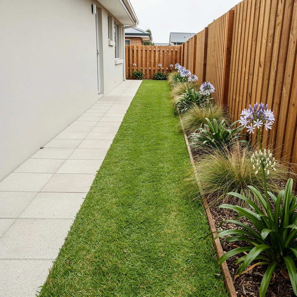 Paved Path, Grass Strip, Agapanthus Border