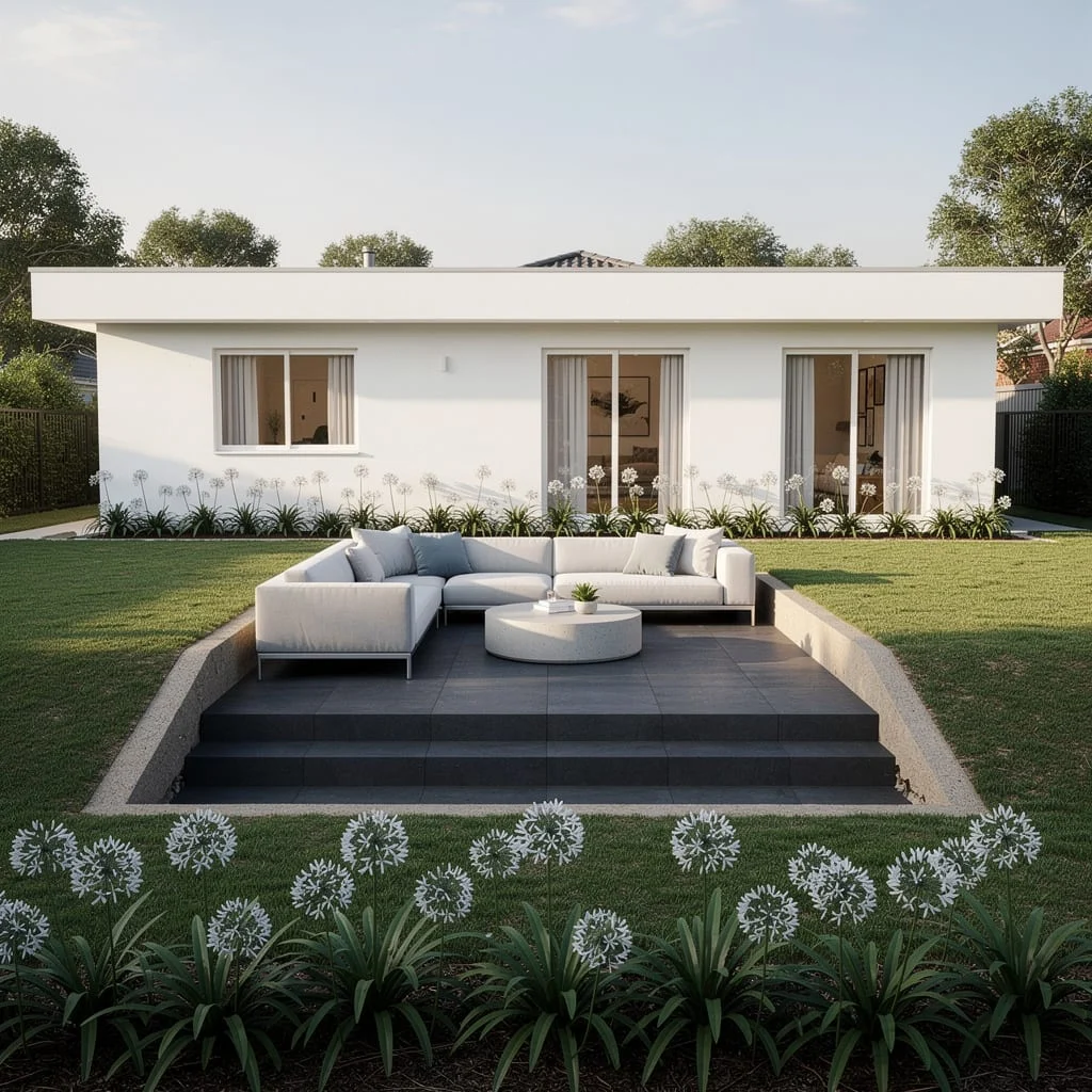 The Sunken Dark-Tile Patio With Agapanthus Border