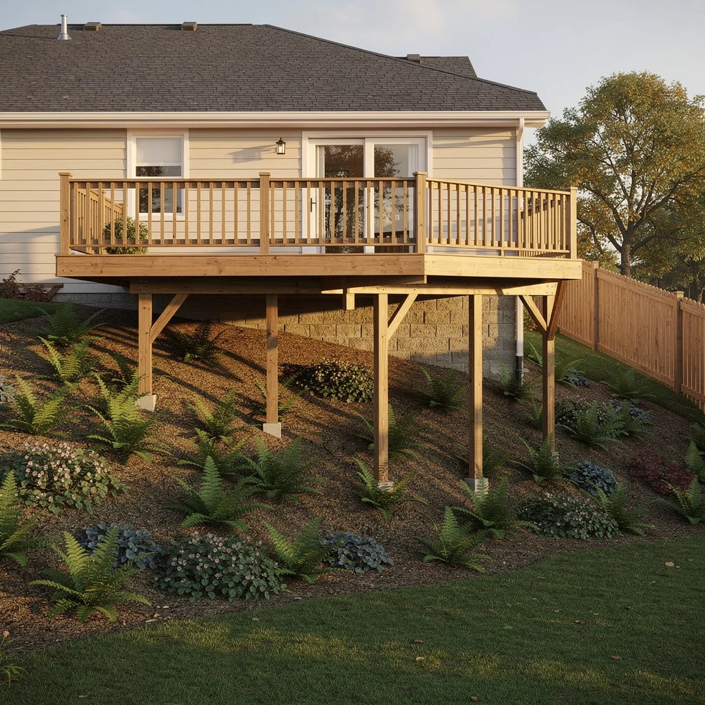 The Raised Timber Deck on a Sloped Yard with a Shade Planting Bed Below