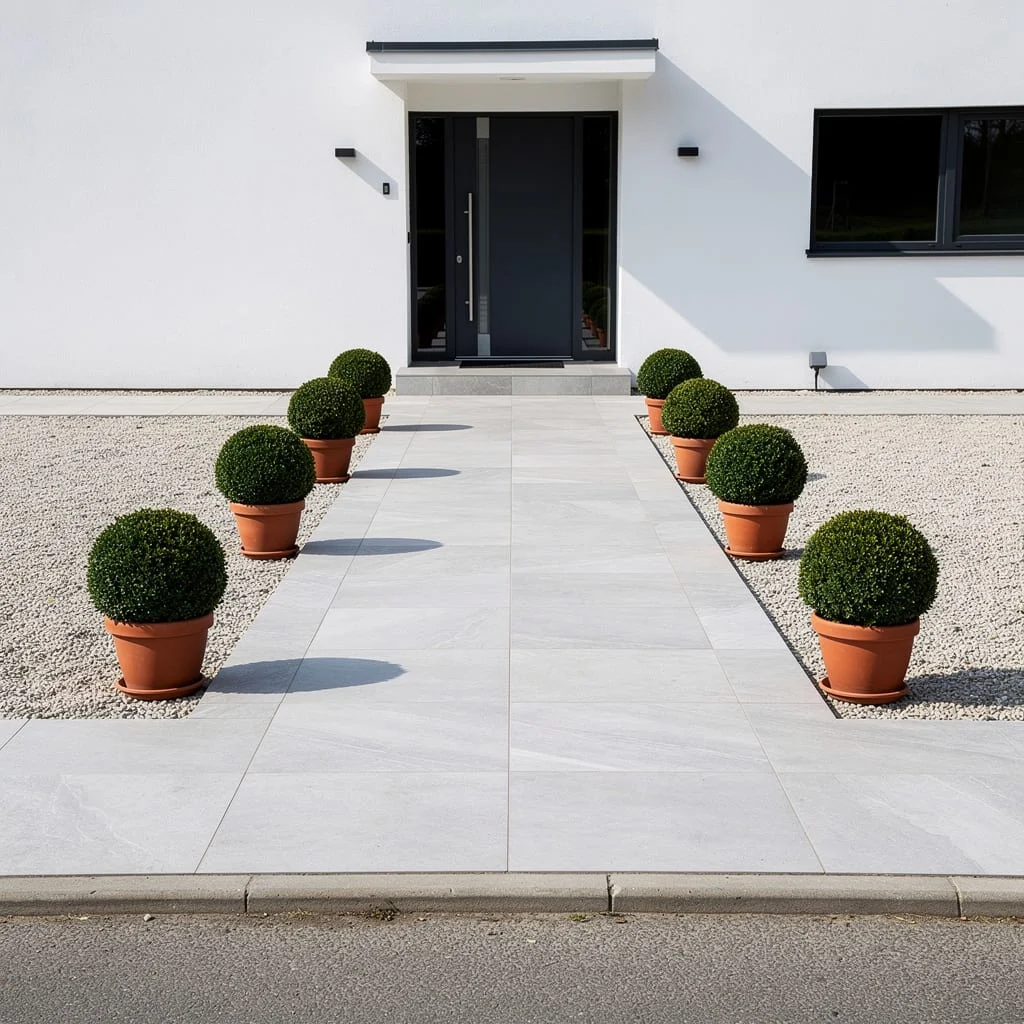The Large-Format Porcelain Tile Path With Terracotta Ball Topiary and White Gravel That Said Everything in Restraint