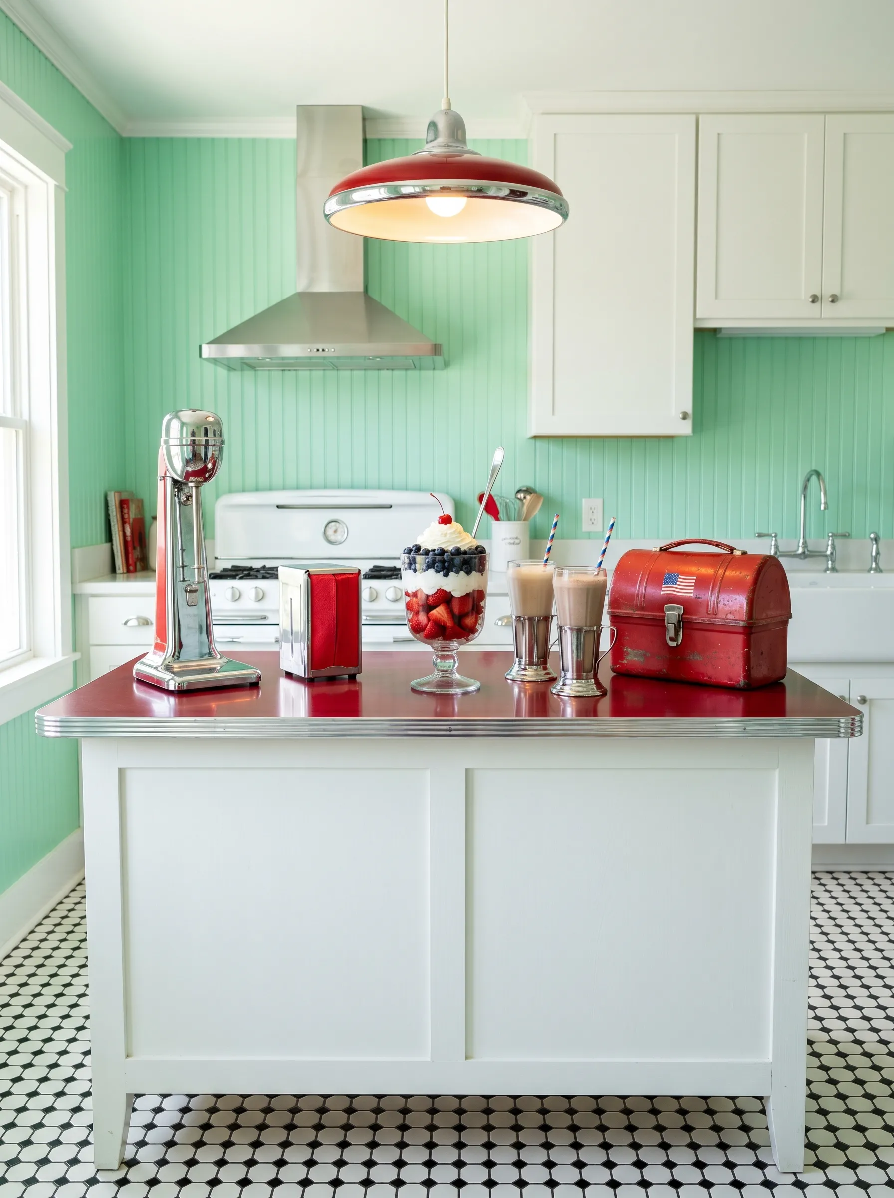 The Retro Diner Kitchen With Red Island Counter and Mint Beadboard Walls