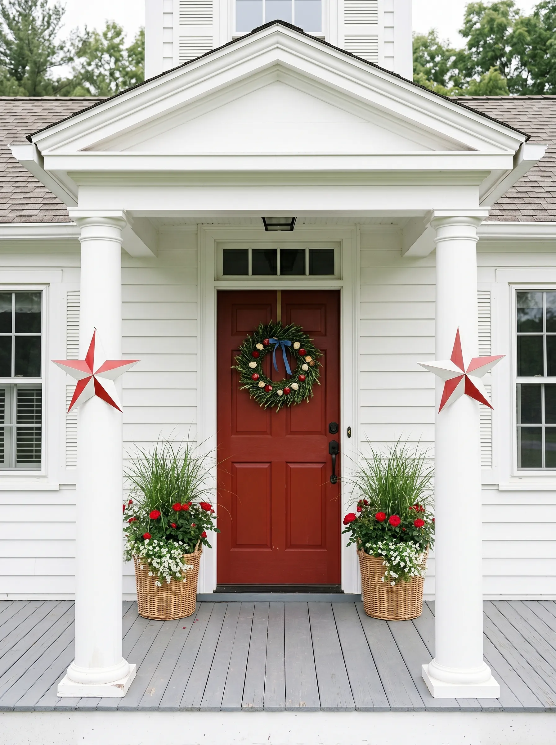 The Neoclassical Colonial Porch That Uses Star Medallions and One Herb Wreath