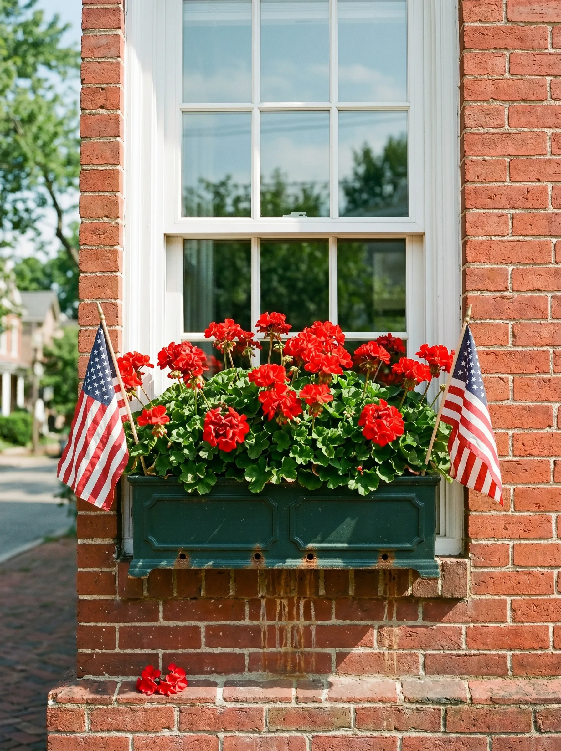 The Red Geranium Window Box With Flag Picks