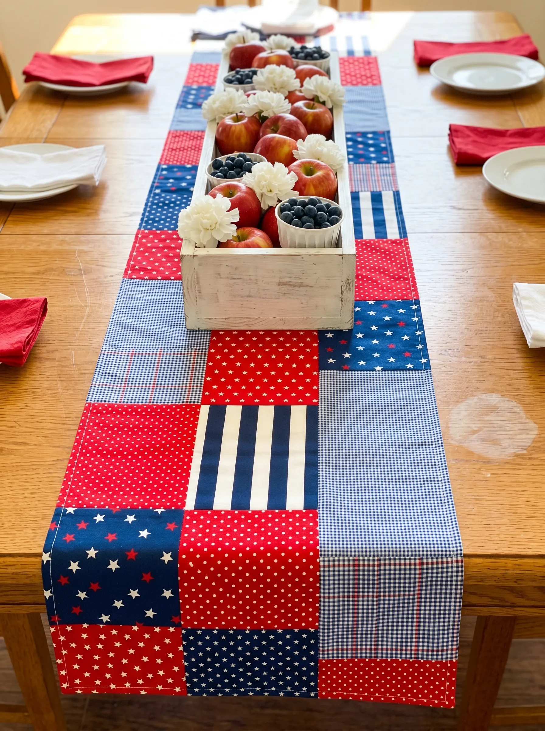 The Patchwork Pattern Runner With Farmhouse Dough Box Centerpiece