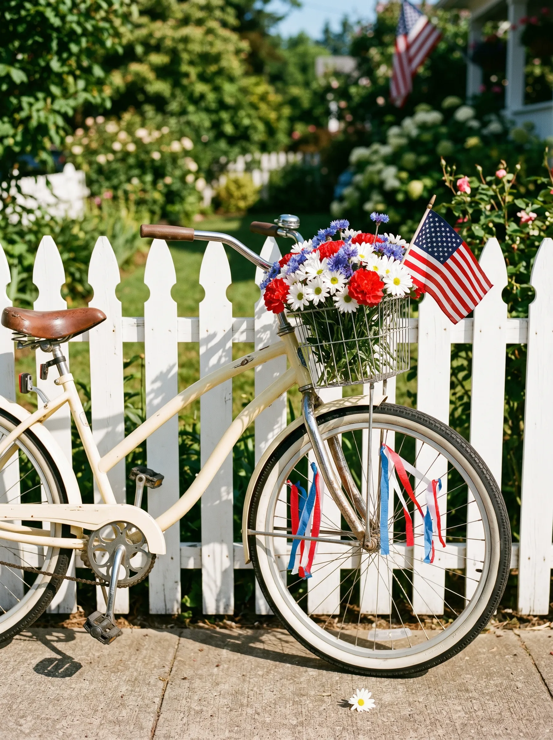 The Cream Bicycle With Wire Basket and Flag Pick