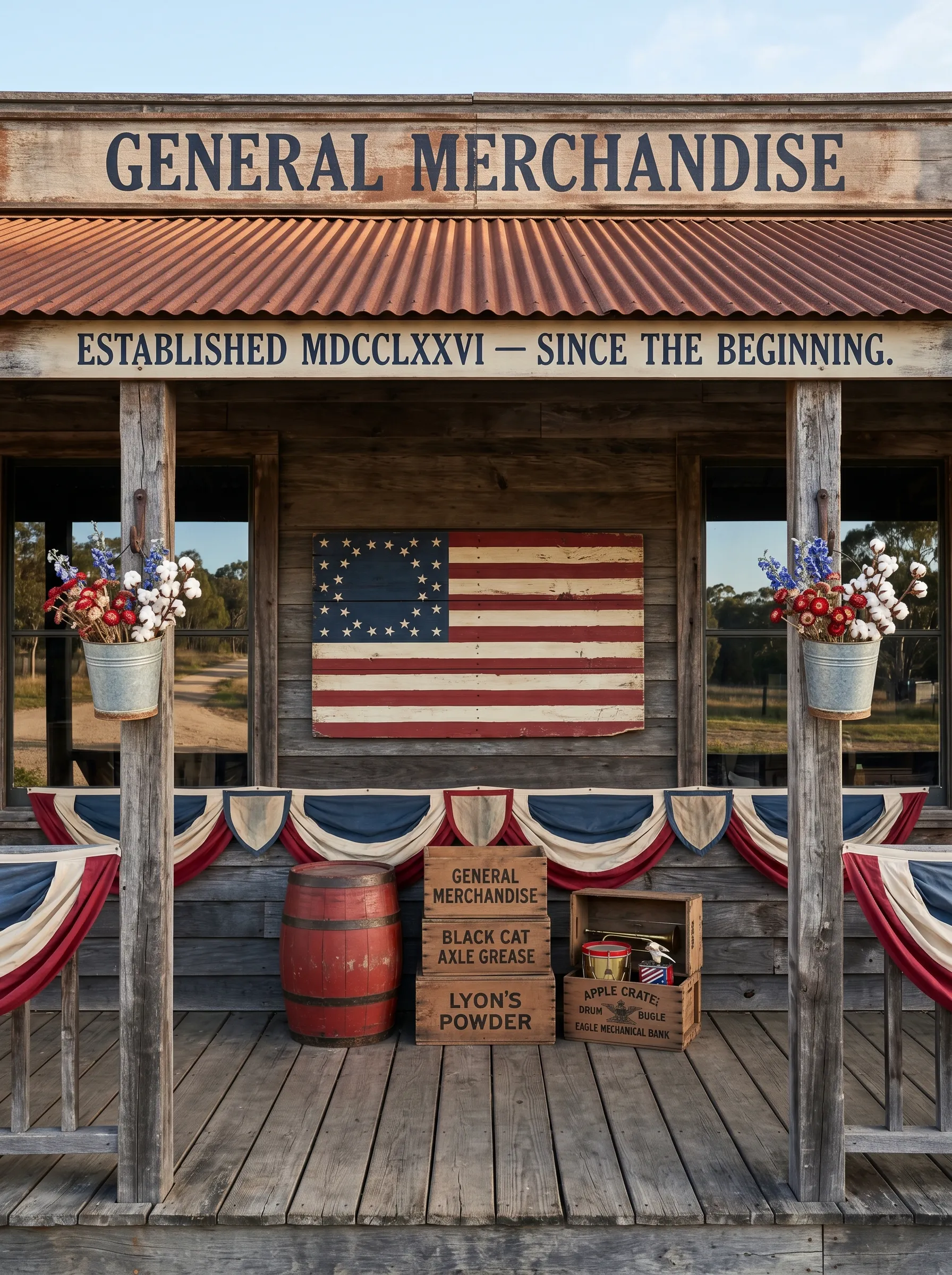 The Pioneer Storefront Facade With Painted Flag Panel and Bunting Swags