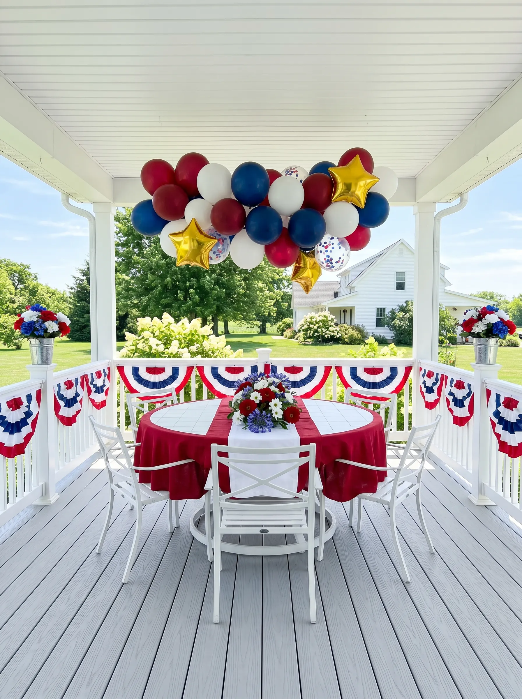 The Covered Porch Party Setup Built Around a Balloon Cloud