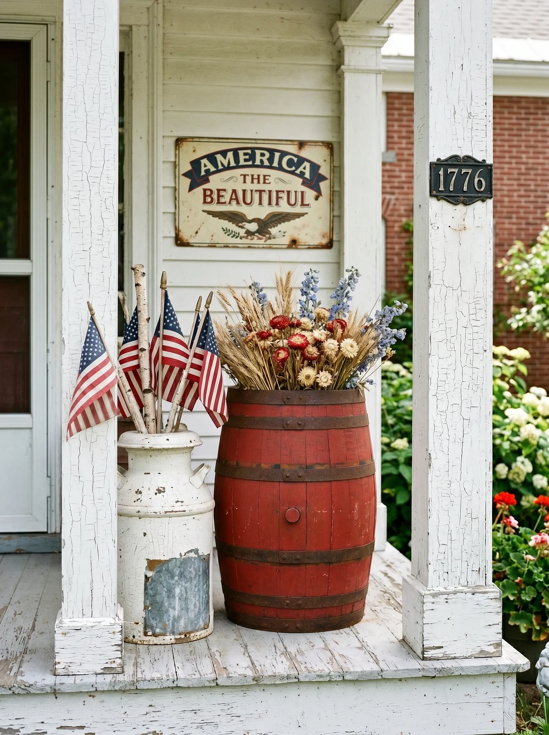 The White Farmhouse Porch With Milk Can Flag Display and Red Barrel Planter