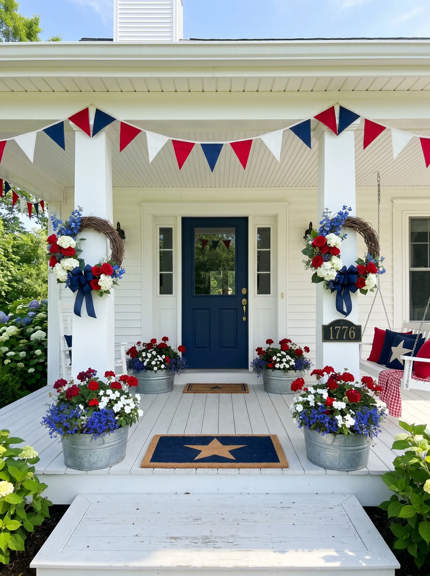 The Cottage Porch With Galvanized Buckets and Triangle Bunting