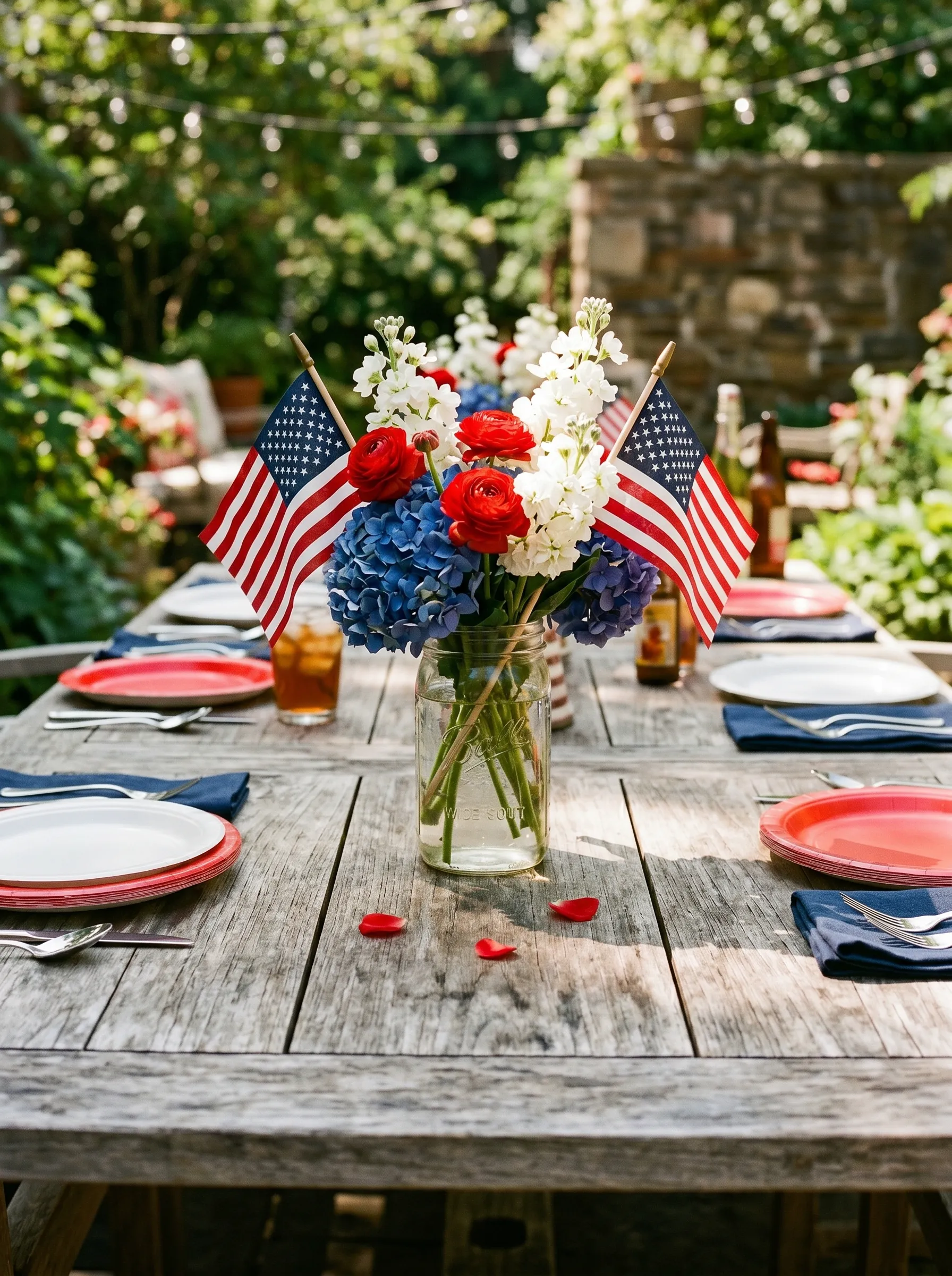 The Backyard Farmhouse Table With Mason Jar Flag Centerpiece